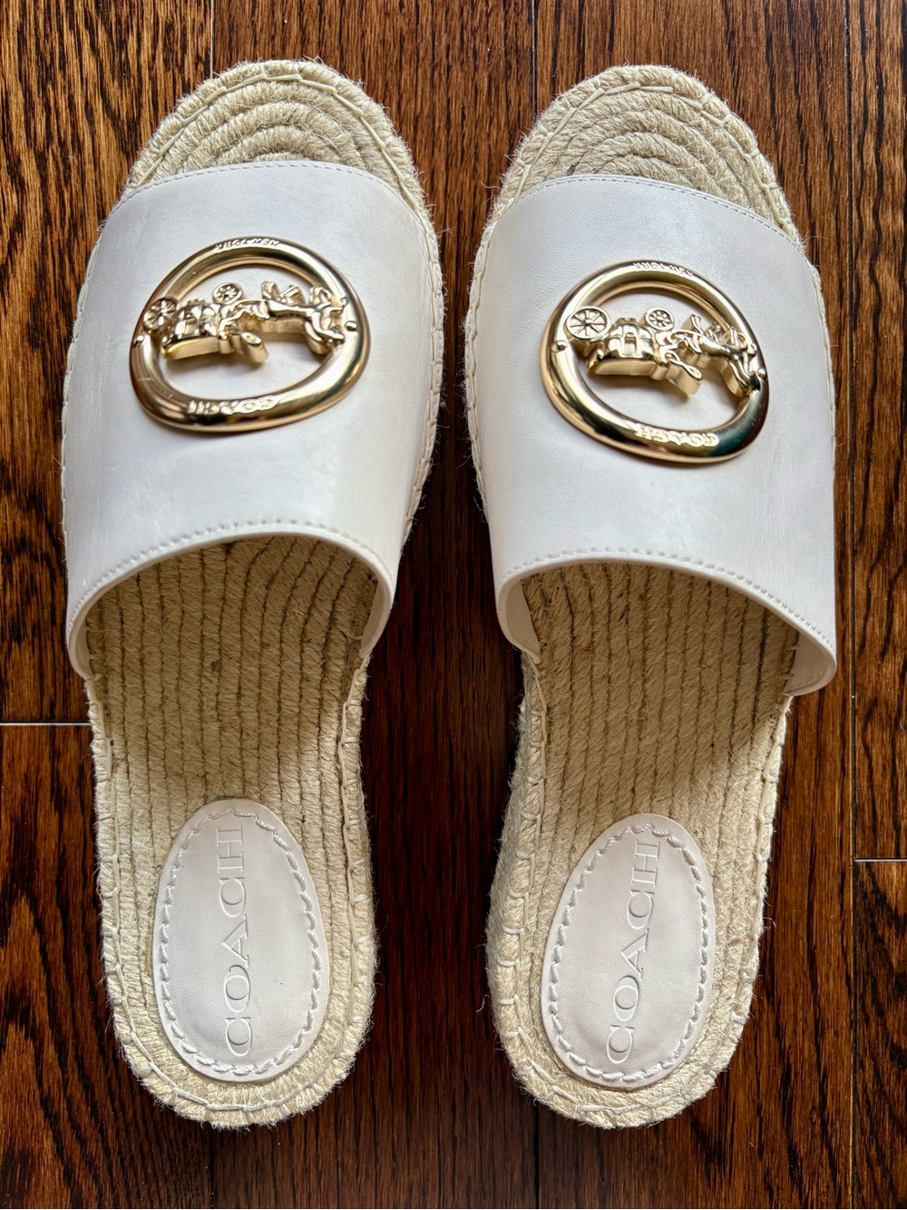 Coach Cream Espadrille Slide with Gold Horsebit Emblem